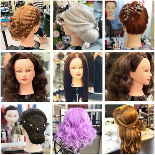 26"-28" Long Hair Mannequin Head with 60% Real Hair, Hairdresser Practice Training Head Cosmetology Manikin Doll Head with 9 Tools and Clamp - Makeup On - Image 7