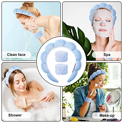 Sponge Spa Headband Wrist Washband Scrunchies Cuffs for Face Washing Set,Big Spa Hairband Towel Wash Wristbands Mask Brush for Women Girls Makeup Hair Accessory(4 blue) - Image 6