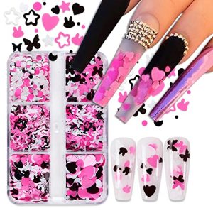 6 Grids Heart Nail Glitter Sequins Holographic 3D Heart Nail Art Stickers Glitter Design Mixed Pink Heart Rabbit Nail Sparkle Glitter for Women Girls Heart Glitter Nail Decoration DIY Manicure