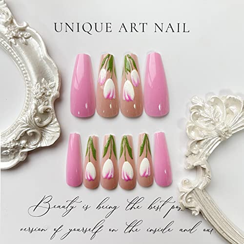 24 Piece Glossy Pink Long Coffin Acrylic Press On Nails with 3D Flowers - Image 3