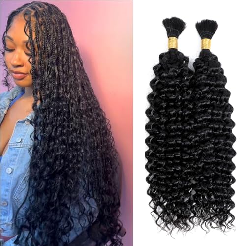 Top Grade Water Wave Human Braiding Hair 2 Bundles 100g Human Hair Braiding Hair No Weft Bulk Human Hair for Braiding Hair Extensions Jet Black 18 Inch