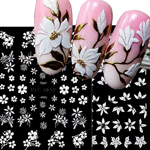 6 Sheets White Flower Nail Art Stickers 5D Nail Art Decals Acrylic Nail Art Supplies Embossed Engraved White Floral Design for Women Girl Nail Art DIY Decorations Accessories. - Image 8