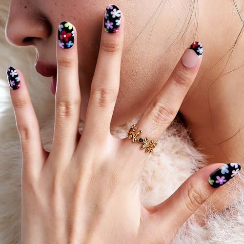 Press on Nails Medium Oval, GLAMERMAID Black Flower French Tip Glue on Gel Nails, 24Pcs Short Oval Acrylic False Nails Kits Reusable UV Finish Full Cover Stick on Nail for Women Gifts - Image 6