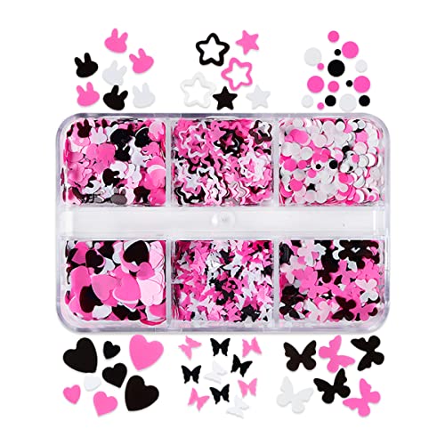 6 Grids Heart Nail Glitter Sequins Holographic 3D Heart Nail Art Stickers Glitter Design Mixed Pink Heart Rabbit Nail Sparkle Glitter for Women Girls Heart Glitter Nail Decoration DIY Manicure - Image 3