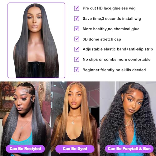 Wear And Go Glueless Wigs Human Hair Pre Plucked Pre Cut 24inch 5x5 HD Transparent Lace Closure Wigs Human Hair For Women Straight Lace Closure Human Hair Wigs 180% Density Natural Black Color - Image 3