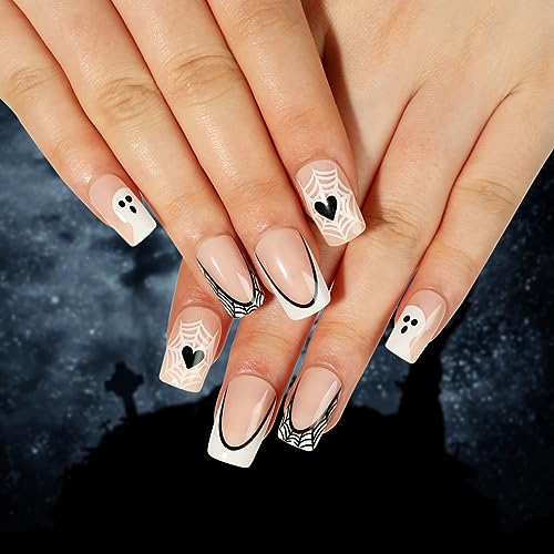 TailaiMei 48Pcs Halloween Press on Nails Short Square Fake Nails with Self-Adhesive Jelly Nail Glue Tabs, Ghost, Spider Web Artificial Nails Acrylic Full Cover Nail False Fingernails for Women (White) - Image 5