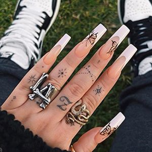 Long Square Coffin Press on Nails Glossy Pink Butterfly Fake Nails Designed Full Cover Ballerina French Nails Tips Punk Acrylic Artificial False Nails Sets for Women and Girls 24Pcs (A)