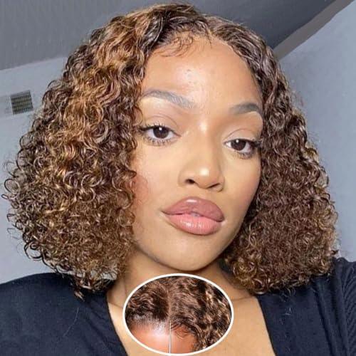 Ombre Bob Wig Human Hair 4/27 Highlight Wear and Go Glueless Wig Deep Wave Curly Honey Blonde Lace Front Bob Wigs 180 Density 10 Inches