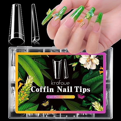 krofaue Coffin Nail Tips - Half Cover Nail Tips 240PCS Soft Gel Nail Tips Professional Clear Nail Tips 12 Sizes Ballerina False Fake Style Manicure with Box for Nail Tips Art Salons and Home DIY