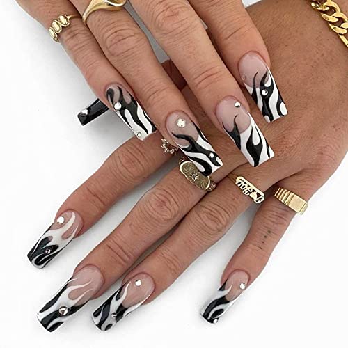 IMSOHOT Coffin Press on Nails Long Press on Nails White French Tips Black Flame False Nails with Designs Rhinestone Full Cover Glossy Ballerina Acrylic Nails for Women 24Pcs