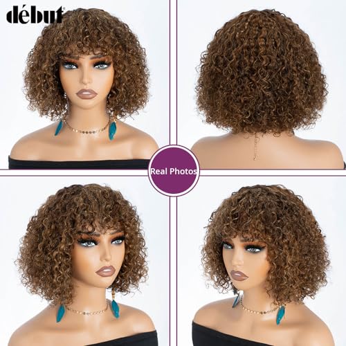 DÉBUT Water Wave Bob Wig with Bangs 10 Inch 100% Human Hair Short Curly Wigs Wear and Go Glueless Bangs Wig 150% Density Ombre Brown Mixed Honey Blonde Color - Image 4