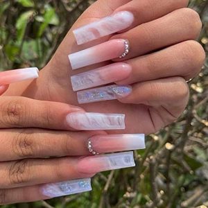 Glossy Pink Fake Nails Extra Long Coffin Press on Nails Glitter Crystal Ballerina Ombre Gradient Full Cover Artificial False Nails Tips for Women and Girls 24Pcs (B)