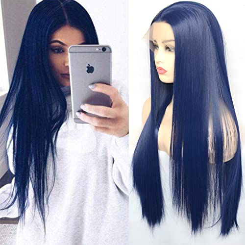 Dark Blue 22 Inch Straight Synthetic Lace Front Wig Heat Resistant for Daily Wear