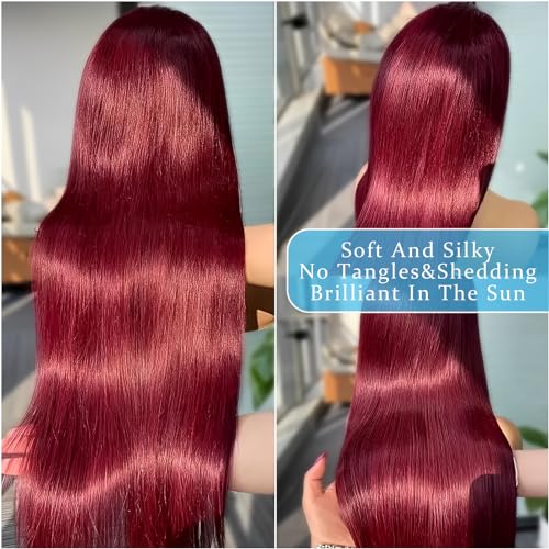 99j Burgundy Lace Front Wigs Human Hair 28 inch 13x6 Lace Front Wigs Human Hair Straight Red 200 Density HD Lace Front Human Hair Pre Plucked Pre Cut Glueless Wigs Colored For Black Women - Image 4