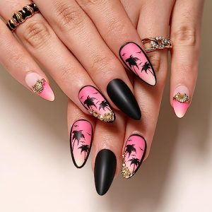 24Pcs Hot Pink Press on Nails Long Almond Fake Nails Summer Theme Coconut Tree Glue on Nails with Gold Shell Charms Design False Nails Black Matte Full Cover Stick on Nails for Women Girls DIY Nails