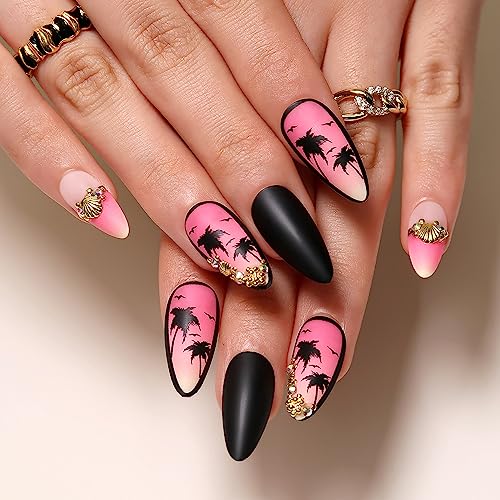 24Pcs Hot Pink Press on Nails Long Almond Fake Nails Summer Theme Coconut Tree Glue on Nails with Gold Shell Charms Design False Nails Black Matte Full Cover Stick on Nails for Women Girls DIY Nails