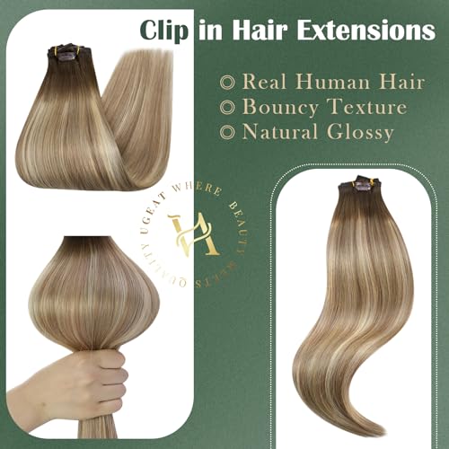 Ugeat 18 Inch Ombre Clip-In Human Hair Extensions Dark Brown to Ash Blonde Balayage 7pc Set 120g - Image 7