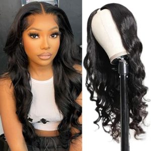 V Part Human Hair Body Wave Wig for Black Women 14 Inch 180% Density Glueless