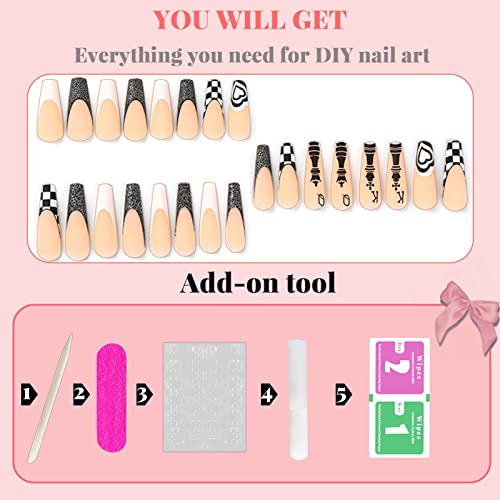 French Tip Press on Nails Long Ballerina Fake Nail Black&White Checkerboard Grid Love Shape Designs False Nails with Glue on Nails Artificial Acrylic Nails Glitter Stick on Nails for Women Girls - Image 4