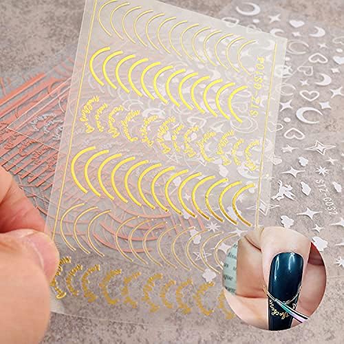French Line Nail Art Stickers Decals 8 Sheets 3D Self-Adhesive Metal Curve Stripe Lines Design Nail Decorations Half Moon, Wave Line, Metallic Chains Line and Star for Women Acrylic Nail Supply - Image 2