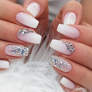 Press on Nails Medium Coffin SWEKKE Fake Nails French Pink Gradient Full Cover False Nails with Glitter Designs Rhinestones Acrylic Nails Glossy Stick on Nails Artificial Nails for Women Manicure