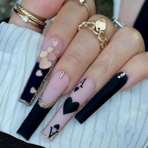 24 Pcs Pink Press on Nails Long Square Coffin - BHLFRH Fake Nails Press ons Black French Heart Poker Glitter Design False Nails Full Cover Acrylic Artificial Nail Art Kit Glue on Nails Manicure