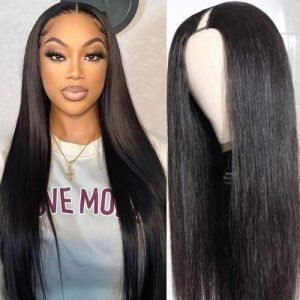 V Part Wigs Human Hair No Leave Out Lace Front Wigs Upgrade U Part Wigs V Shape Wigs Brazilian Virgin Straight Human Hair Wigs for Women 180% Density Natural Black 26Inch