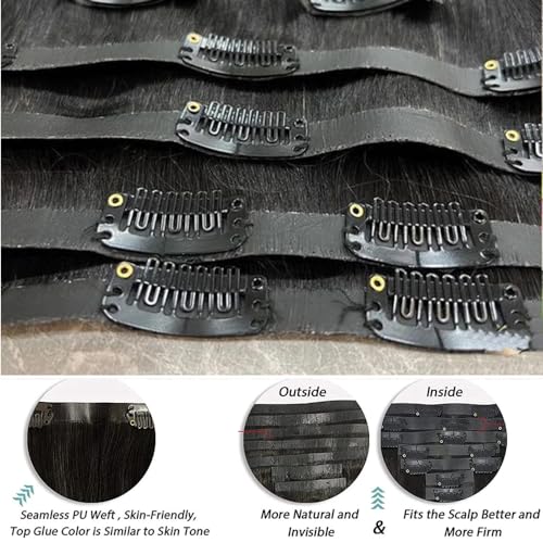 PU Clip ins Extensions Human Hair Straight Seamless Clip In Human Hair Extensions Natural Color Brazilian Skin Weft Clip-on Hair 120g/set for Woman (12inch, 1set 120g) - Image 5