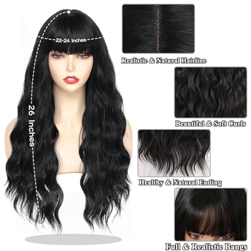 26-Inch Long Black Curly Wavy Synthetic Wig with Bangs for Daily Wear - Image 5