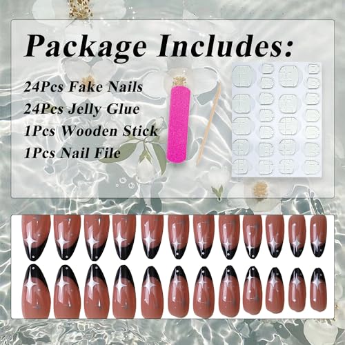 Black French Tip Press on Nails Medium Almond Fake Nails Glossy silver star Full Cover Glue on Nails cute black french coffin false nails reusable Acrylic Artificial Nails for Women Girls 24Pcs - Image 5