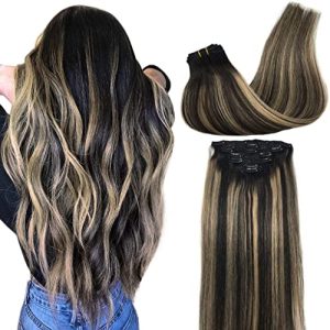 GOO GOO 18 Inch 120g 7 Piece Remy Human Hair Clip Ins Balayage 1B/16/1B Natural Black to Light Blonde