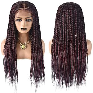 Hand Tied Swiss Lace Front Cornrow Braided Wigs with Baby Hair for Black Women Lightweight Box Braids Glueless Wigs Kanekalon Synthetic(5.5X3.5", 31 Inch, 1B/99JT Black Mix Wine Red)