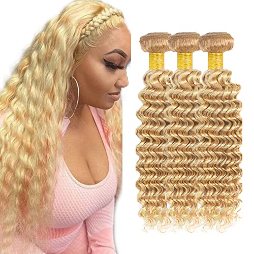 22 24 26 inch Blonde Bundles Human Hair 613 Deep Wave Bundles 27/613 Human Hair Bundles Brazilian Remy Blonde Wet and Wavy Bundle for Women