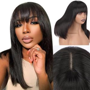 ALIMICE 16 Inch Silky Brazilian Virgin Straight Human Hair Wig with Bangs for Women