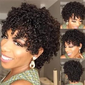 Short Pixie Curly Bob Wig with Bangs Brazilian Human Hair Bouncy Curl Wig for Women Ready to Go Wig Glueles Curly Human Hair Wigs Pixie Cut Wig Short Curly Wig with Bangs 13x4 HD Lace Frontal Wigs