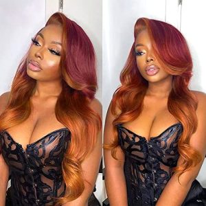 haha Ginger Red Highlight Ombre Lace Front Wig Human Hair 99J Burgundy Red Orange Wig Skunk Stripe Lace Front Wig Pre Plucked 13x4 Body Wave Lace Frontal Wig Colored 30 Inch 150% Density Glueless