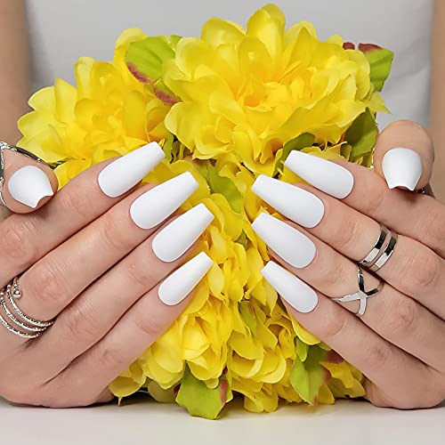 Hypnaughty 24 Pcs Santorini White Matte Luxury Coffin Press on Nails with Glue Medium Long Reusable & Customizable False Nails (Santorini) - Image 6
