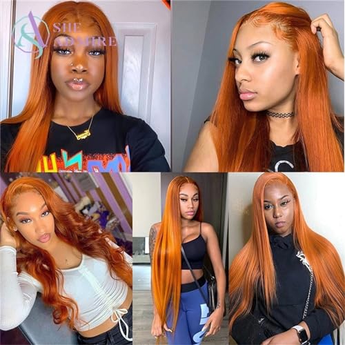 Hair Wigs human hair Ginger Orange Lace Frontal Wig 13X4 Straight Hair Transparent Lace Front Wigs with Baby Hair 180% Density Brazilian Remy Hair Wigs Natural Wigs for women High Density (Color : Gi - Image 6