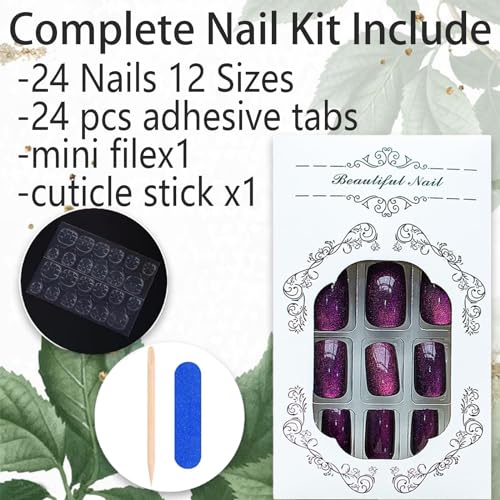Purple Cat Eye Press on Nails Medium Square Fake Nails Glitter False Nails Glossy Reusable Acrylic Stick on Nails Glue on Nails Full Cover Obmre Artificial Nails for Women Girls Nail Decoration 24Pcs - Image 6