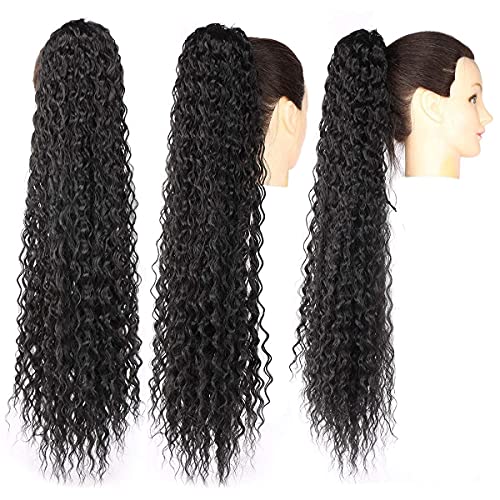 30inch Long Corn Curly Wave Drawstring Ponytail Synthetic High Puff Hair Pieces With Comb Black Wavy Clip in Extensions (1B) - Image 4