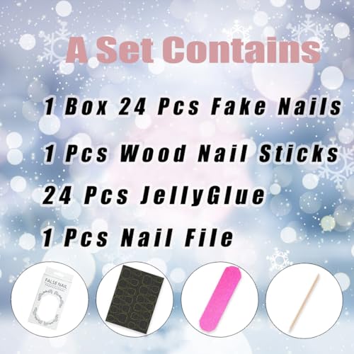 24Pcs Christmas Press on Nails Short White French Tip Fake Nails Square Shaped Snowflake Xmas Trees Designs Nude Pink False Nails Stick on Nails for Women Acrylic DIY Winter Holiday Nail Decorations - Image 6