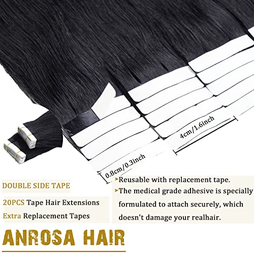 Anrosa Tape in Hair Extensions 16 Inch Double Sided Tape in Jet Balck Color Seamless PU Remy Hair Extension Brazilian Hair 50 Gram 20 Pcs Tape In Extensions Human Hair - Image 3