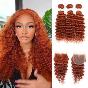 Deep Wave Human Hair Bundles with Closure Ginger Orange Brazilian Virgin Human Hair Bundles 12 14 16 Inch with Closure 10 Inch Burnt Orange Curly Weave Hair Extension