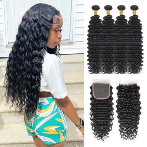 Deep Wave Bundles with Closure (24 26 28 30+22 Closure) Brazilian Human Hair Deep Curly 4 Bundles with Closure 100% Unprocessed Virgin Remy Hair 4x4 Lace Closure with Baby Hair Pre Plucked Free Part