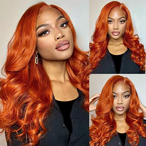 Ginger Orange Lace Front Wigs Human Hair Pre Plucked Natural Hairline Body Wave 13x4 HD Lace Frontal Human Hair Colored Wig 180% Density Wigs For Black Women 88J Color 32 Inch - Image 4