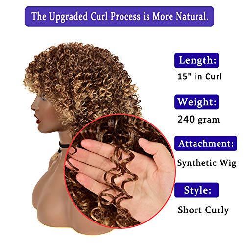 Curly Wigs for Black Women - Kinky Afro Curly Wig with Bangs 2 Tone Blonde Mixed Brown Color Synthetic Heat Resistant Full Wigs with 1 Wig Comb and 4pcs Wig Caps - Image 5