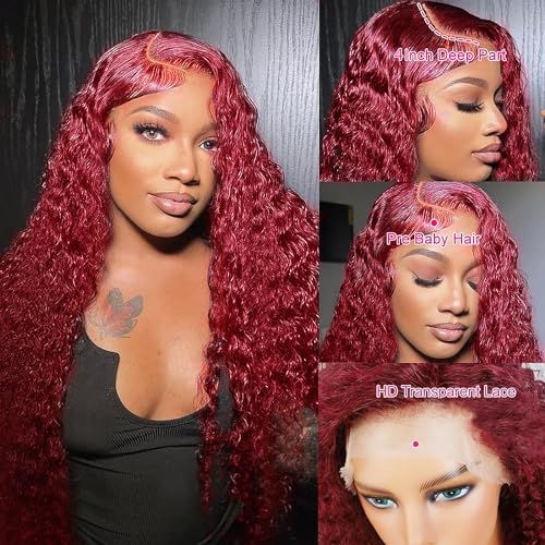 99j Burgundy Deep Wave Lace Front Wigs Human Hair 13x4 180% Density Transparent Lace Frontal Wigs Curly Wigs for Women Red Curly Wigs Pre Plucked with Baby Hair 99j Lace Front Human Hair Wigs (26inch) - Image 6
