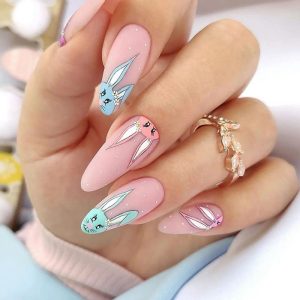diduikalor Pink Bunny Press on Nails Medium Almond Fake Nails with Rabbit Designs Glossy Full Cover Glue on Nails Artificial Acrylic Stick on Nails False Nails for Women