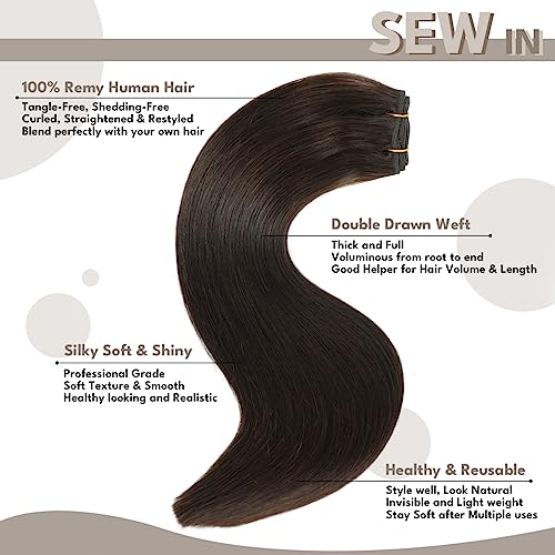 Sew in Hair Extensions Real Human hair, Silky Soft &Shiny Double Drawn Weft Hair Extensions human hair, Thick ends &Tangle Free Human hair extensions sew in, 100g Straight Dark Brown, 20 inch - Image 3
