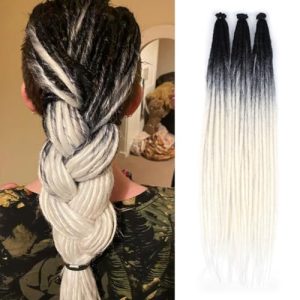 24 inch Black to White Dreadlock Extensions, 30 pcs Single Ended Thin 0.6cm Dreads Extensions, Synthetic Braid in Dreadlock Extensions Reggae Hippie Crochet Dreads for Women